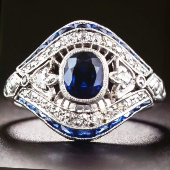 Art Deco Vintage Women's Silver,Sapphire, white To - Picture 1 of 5